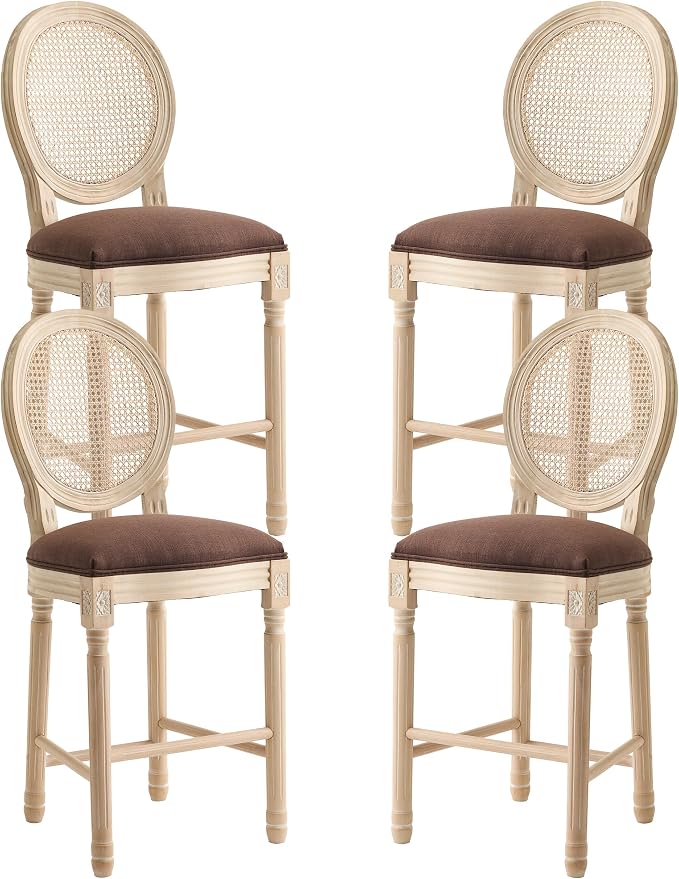 French Country Barstool, Linen Farmhouse Counter Height Chair | Set of 4, with Rattan Round Back and Solid Wood Legs, Oval Chairs for Restaurant, Bar, Kitchen, Café, Brown by RCDDFurniture
