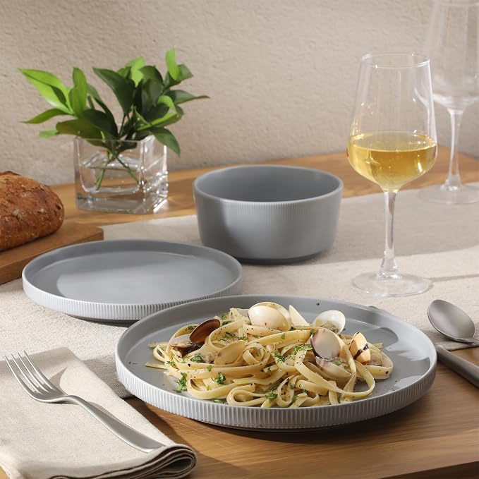 Gibson Home Dempsey Road 12-Piece Stoneware Dinnerware Set – Service for 4, Round Grey Plates and Bowls, Durable Solid Color Modern Embossed Dish Set, Microwave & Dishwasher Safe - Image 5