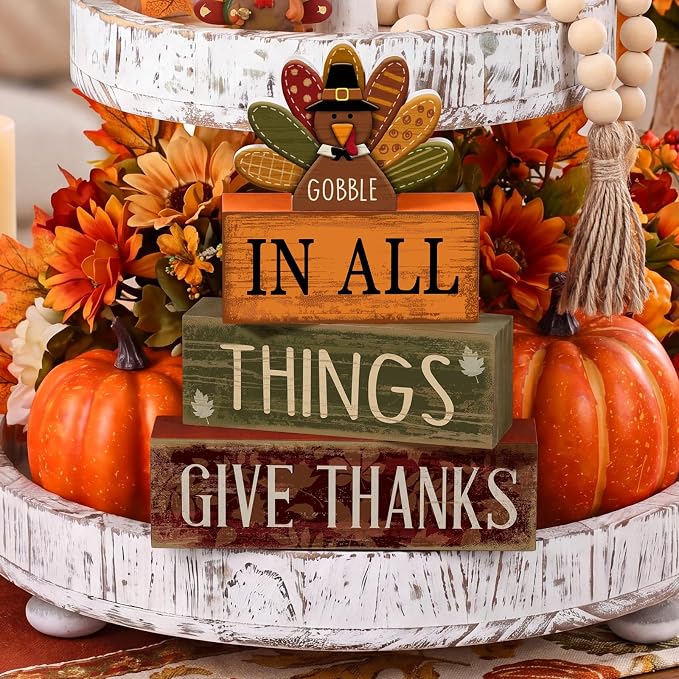 Moucuny 4 Pcs Fall Decorations for Home Wooden Turkey Decor Thanksgiving Tiered Tray Decor Thanksgiving Table Centerpiece Rustic Wooden Gobble Turkey Block Sign for Autumn Harvest Party Kitchen Shelf - Image 7