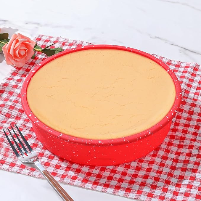 SJ 8 Inch Silicone Round Cake Pan with Metal Reinforced Frame Set of 2, Nonstick Silicone Cake Mold for Baking Suitable for Making Layers, Cheese & Chocolate Cakes - Red