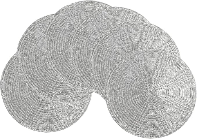 SHACOS Silver Glitter Round Placemats Set of 6 Sparkle Bling Place Mats Glitz Table Mats for Holiday Home Party Wedding Festive Table Decoration (6, Silver) by SHACOS