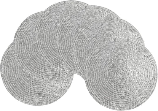 SHACOS Silver Glitter Round Placemats Set of 6 Sparkle Bling Place Mats Glitz Table Mats for Holiday Home Party Wedding Festive Table Decoration (6, Silver) by SHACOS