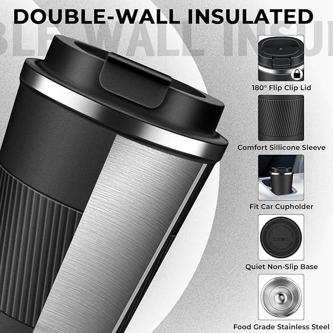 Insulated Coffee Tumbler 17 oz, Stainless Steel Coffee Mug with Lids, Travel Coffee Mug Leak Proof, Double Wall Vacuum Insulated Reusable Coffee Cup, Keep Drinks Hot and Cold (Black, 17 Ounces) - Image 4
