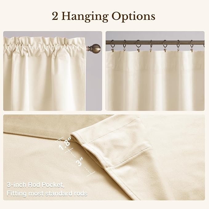 Velvet Window Valance 52x18 Inch 4-Panel Set | Soft Wavy Ivory White Kitchen Curtains for Windows, Luxury Fabric Aesthetic Window Treatment for Bay Window, Living Room - Image 4