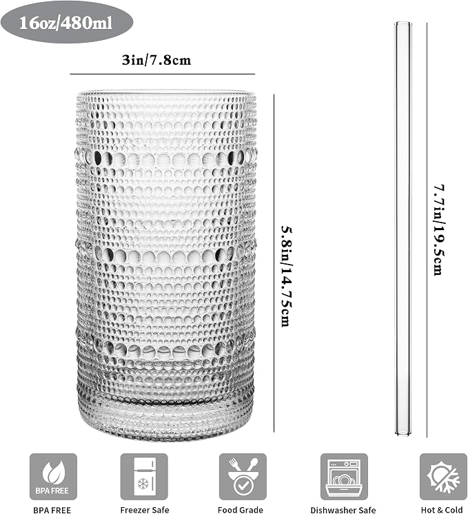 Dingerjar Upgraded Large Capacity 16 oz/480 ml Hobnail Glasses Drinking Set of 12 - Heavy Vintage Glassware - Image 2