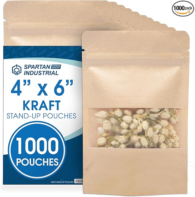 4" X 6" Kraft Paper Resealable Stand-Up Pouches - Pack of 1000 Small | Smell-Proof Storage Pouches for Food Packaging, Pet Treats, Cosmetics, and More - Spartan Industrial by SpartanIndustrial