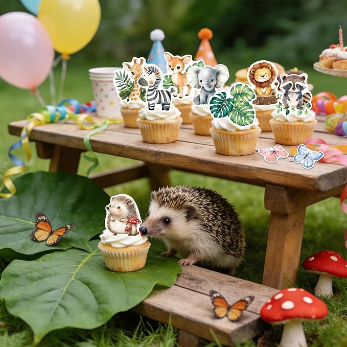 60Pcs Edible Jungle Safari Animal Cupcake Toppers Wafer Paper Green Leaf Woodland Animal Cupcake Kids Baby Shower Birthday Party Decoration Supplies - Image 2