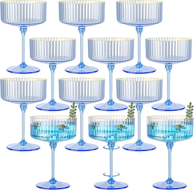 12 PCS Plastic Champagne Coupe Cup Ocean Blue Ribbed Coupe Glasses 10oz Detachable Gold Rim Espresso Martini Glass Vintage Margarita Glassware Cocktail Glass Set for Baby Shower Hanukkah by Unknown