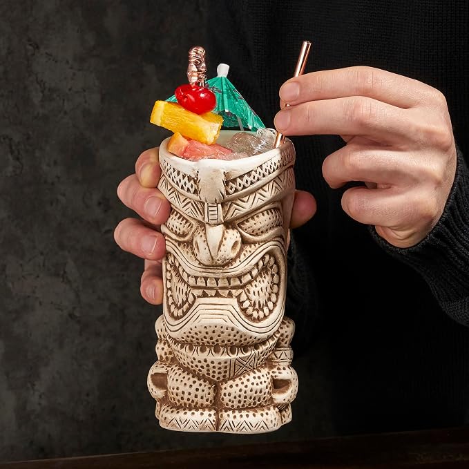 Viski High Tide Tiki Mugs - Hand Painted Ceramic Tiki Glasses for Cocktails - Tiki Barware 14.5oz Highballs Set of 2 White - Image 5