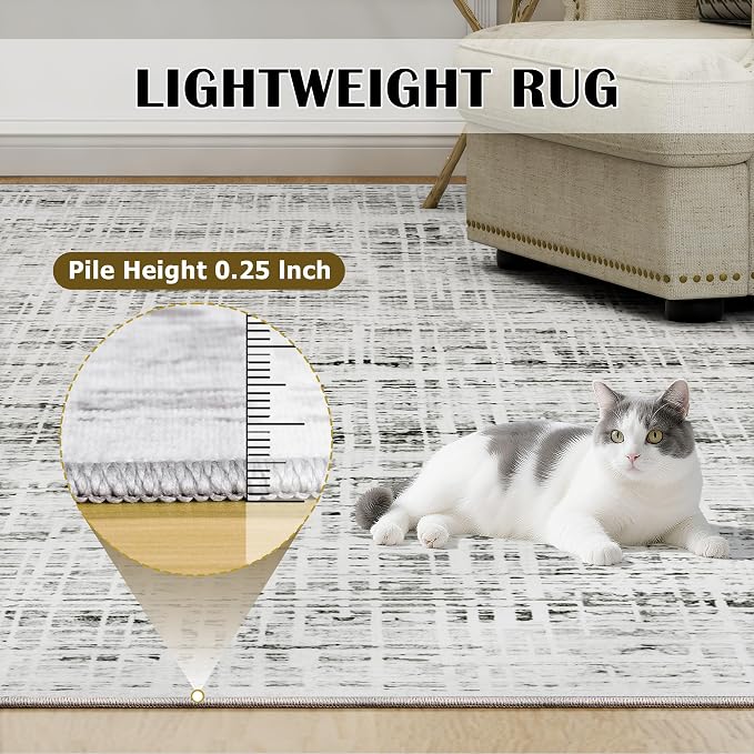 9x12 Washable Area Rug for Living Room Bedroom: Non-Slip Modern White Gray | Machine Washable TPR Backing, Stain-Resistant Low Pile, Pet & Kid Friendly, Abstract Decor for Dining Room, Dorm, Home Office - Image 7