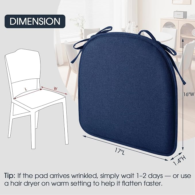 TushGuard Chair Cushions, 4 Pack Memory Foam Chair Pads, Navy Blue | Dining Chair Pads with Fixed Straps, Thin Seat Cushion, Anti-Slip Kitchen Chair Cushion Set - Image 5