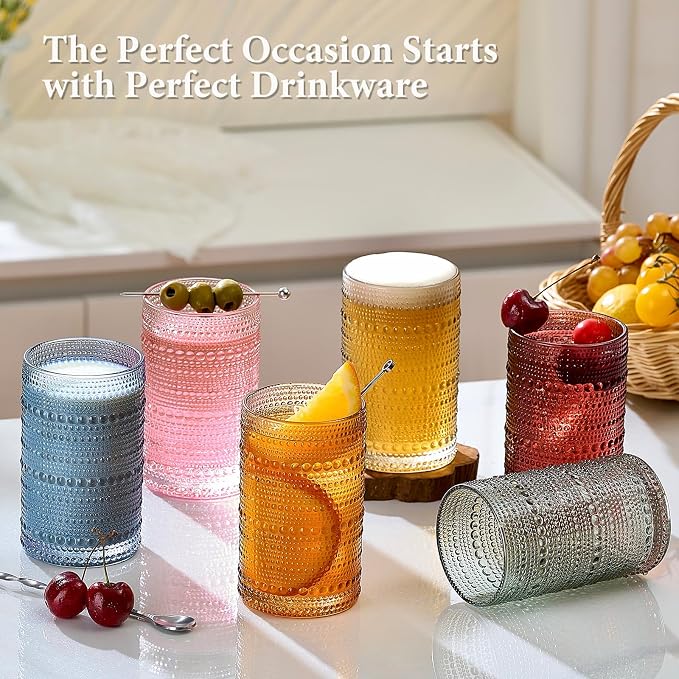 Colored Hobnail Drinking Glasses Set of 6, 12oz Vintage Kitchen Glassware, Embossed Beaded Glass Cups, Water Glasses, Colorful Water Tumbler for Cocktail, Juice, Various Mixed Drink (Dishwasher Safe) - Image 2