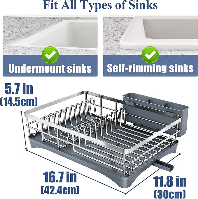 SNTD Dish Drying Rack for Kitchen Counter, 11.8" W x 16.7" L, Silver | Rustproof Stainless Steel, Large Capacity, Self-Draining Drainboard, Rotating Spout, Removable Utensil Holder - Image 5