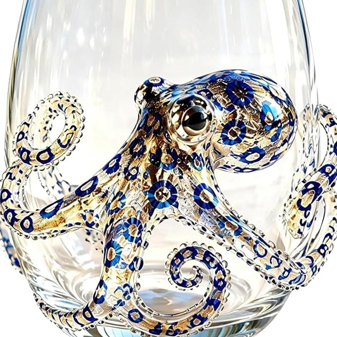 Ocean-Themed Blue Ringed Octopus Hand-Blown Glassware | Ocean-themed octopus glassware: hand-blown coastal stemless wine glasses for ocean lovers - Image 6