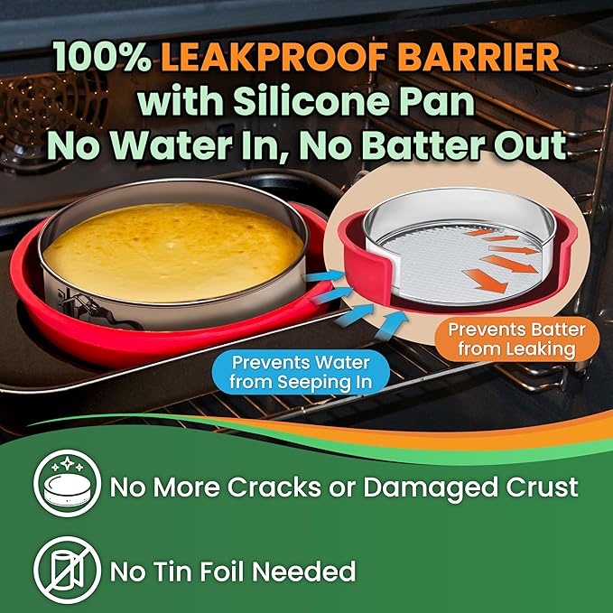 Cheesecake Pan, 9 Inch Springform with 2 REUSABLE NON-STICK Silicone LINERS | with Silicone Sleeve for WATER BATH BAKING, DISHWASHER SAFE Components, 0.4 mm Stainless Steel Pan, Spring-Lock Latch - Image 3