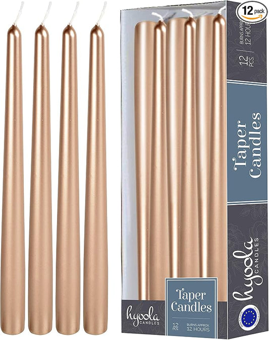 Hyoola 12 Pack Tall Metallic Taper Candles - 14 Inch Copper Metallic, Dripless, Unscented Dinner Candle - Paraffin Wax with Cotton Wicks by Hyoola