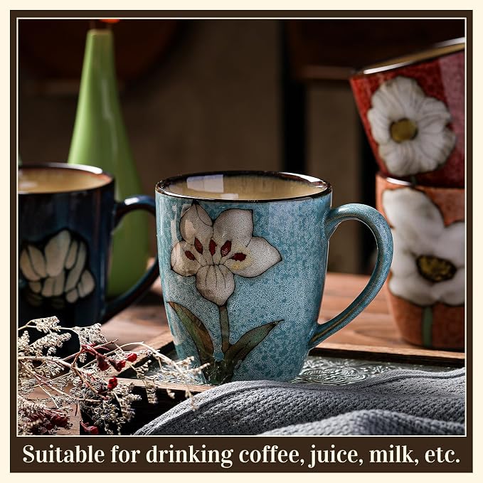 Maxdot 4 Pcs 12oz Ceramic Coffee Mugs Sets Glazing Process Cappuccino Mug Floral Ceramic Tea Cups Idea Gift Set for Women Porcelain Cup for Coffee, Cocoa, Tea, Latte (Retro) (Classic) - Image 3