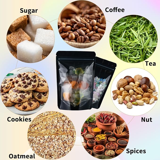 150 Pcs Mylar Bags for Food Storage, 8x12 Mylar Bag with Window Stand Up, Large Black Resealable Bags Smell Proof Bag Food Packaging for Small Business Freeze Dried Candy Jewelry Foil Packaging - Image 3