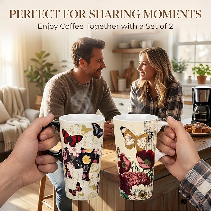 Topadorn 2-Pack 17oz Ceramic Travel Mug with Lids, Butterfly Floral Mugs | Set of 2 Coordinated 17oz Mugs, Vintage Butterfly & Floral Designs, Spill-Resistant Lids, Matching Gift Boxes Included - Image 2