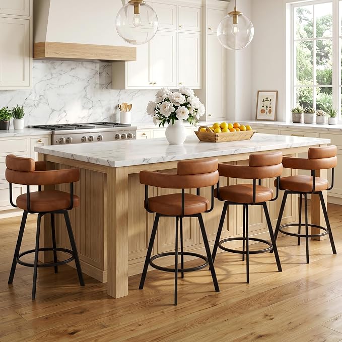 Flouki Swivel Bar Stools with Backs and Arms, Modern Faux Leather Counter Stools Set of 4 for Kitchen Island, 26" Upholstered Counter Height Bar Stools for Kitchen Counter, Dining Room, Brown by Flouki