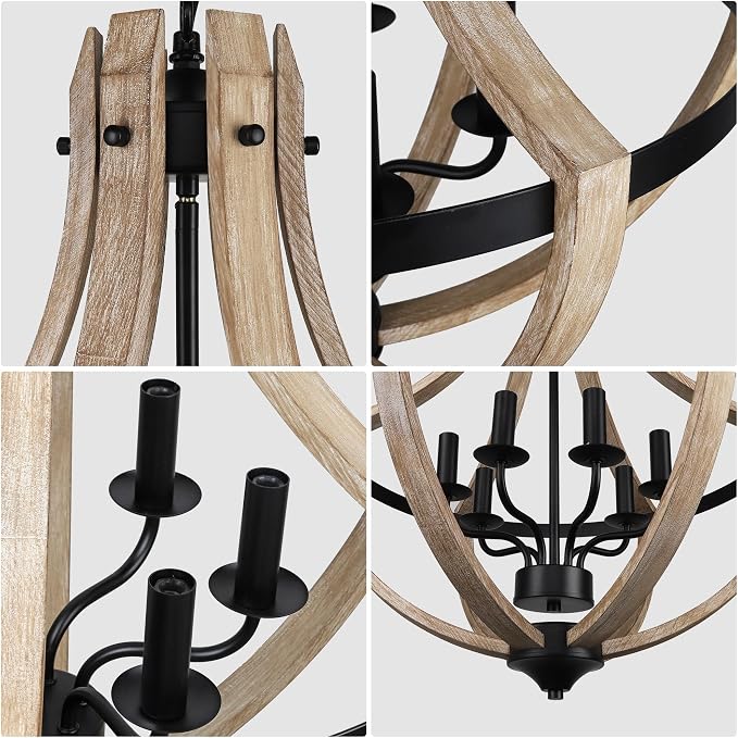 6-Light Large Rustic Farmhouse Dining Room Chandeliers, Adjustable Height Entryway Light Fixture, Hanging Wood Chandelier for Kitchen Island Foyer Stairwell Office - Image 7