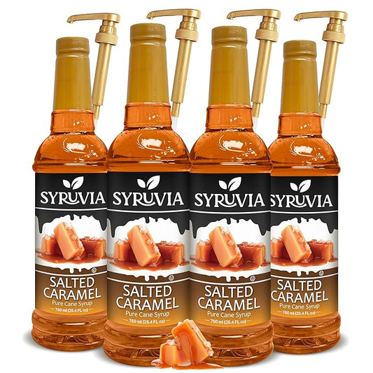 Syruvia Salted Caramel Syrup - 25.4 fl oz. Premium Coffee Flavoring Syrup. Kosher, and Gluten-Free. Perfect for Enhancing Drinks, Sodas, Shakes, Desserts, and More With Pump (Pack of 4)