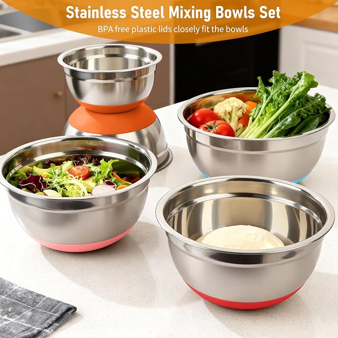 Mixing Bowls with Airtight Lids, 18pcs Stainless Steel Mixing Bowls Set | Nesting Non-slip Silicone Bowls Bottom, Size 4.5, 3.6, 2.7, 2.1, 1.7, 1.1, 0.7 qt, Fit for Mixing & Serving(Colorful ) - Image 7