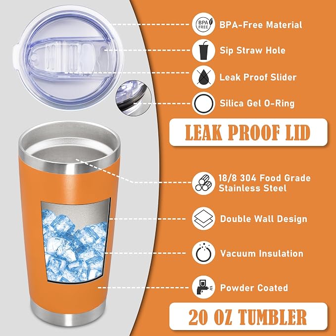 20oz Tumbler Insulated Coffee Tumblers with Lid Stainless Steel Orange 1P | 20 oz Tumblers Double Wall Insulated Vacuum 20oz Coffee Mug Leak Proof Tumblers with Lid Powder Coated - Orange 1 Pack - Image 3