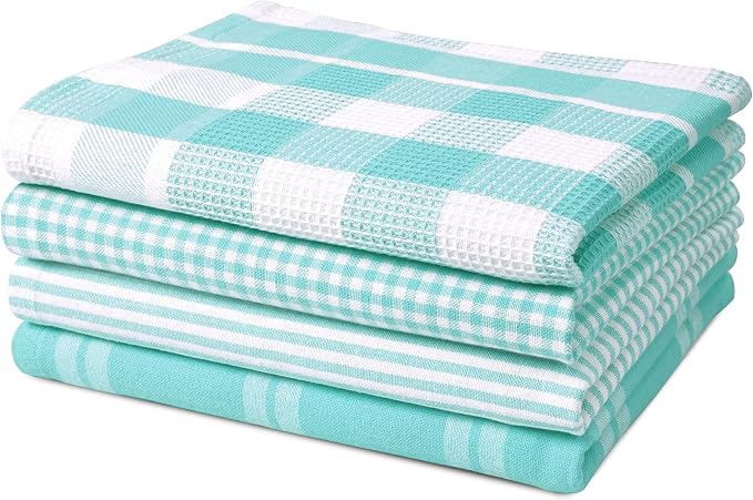LANE LINEN 100% Cotton Kitchen Dish Cloths, Ultra Soft Absorbent Quick Drying Dish Towels, Multiweave Wash Cloths Dish Towel Sets, 13x28 Inches, 4 Pack - Aqua by LaneLinen