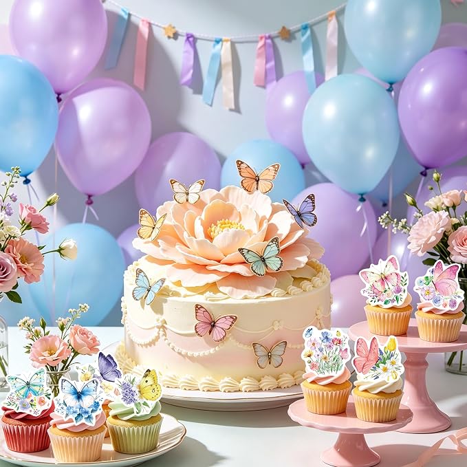 72Pcs Edible Butterfly Flower Cupcake Toppers Wildflower Cupcake Toppers Baby Shower Girl Butterfly Flower Floral Birthday Party Decoration Supplies - Image 3