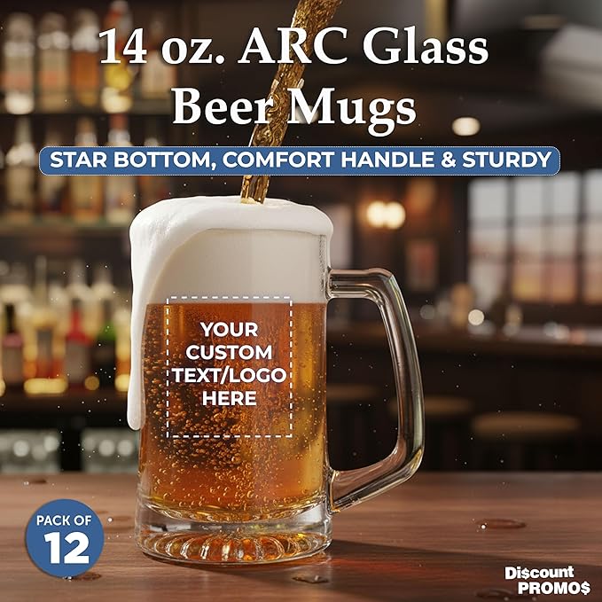 DISCOUNT PROMOS Custom ARC Glass Beer Mugs 14 oz. Set of 12, Personalized Bulk Pack - Great for Octoberfest, Pub, Restaurant - Clear