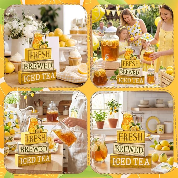 Moucuny 4 Pcs Summer Lemon Decor Summer Table Decorations Fresh Brewed Iced Tea Wooden Stacked Block Decor Rustic Summertime Tiered Tray Decoration for Kitchen Counter, Coffee Bar, Dining Table - Image 5