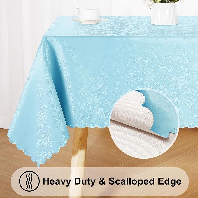 Smiry Rectangle Waterproof Heavy Duty Vinyl Tablecloths, 60 x 84 Inch | Wipeable Washable Floral Embossed Table Cover for Kitchen and Dining Room, Indoor & Outdoor Use, Light Blue - Image 4