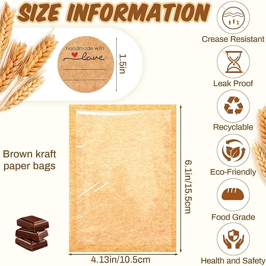 Outus 50 Pcs Cookie Packaging Bags with Seal, 4 x 6 Inch Bakery Pastry Bags with Window, Heat Sealable Grease Resistant Paper to Go Bake Sleeves for Gift Giving Donut Bread Sandwich (Brown) - Image 2