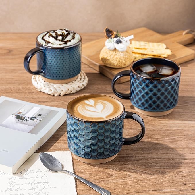 GBhome 12 OZ Stackable Coffee Mugs Set of 4, Ceramic Coffee Cups Set | 4 Assorted Designs, Embossed Mugs with Texture Patterns for Tea/Coffee, Dishwasher&Microwave Safe, Deep Blue - Image 7