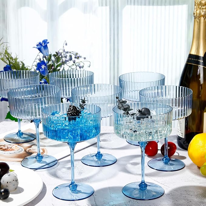 Jingmore 24 Pcs Ribbed Martini Glasses 10 oz Disposable Plastic Vintage Ribbed Coupe Glasses Unbreakable Dessert Parfait Glassware for Wedding Birthday Party Supplies (Blue) - Image 5