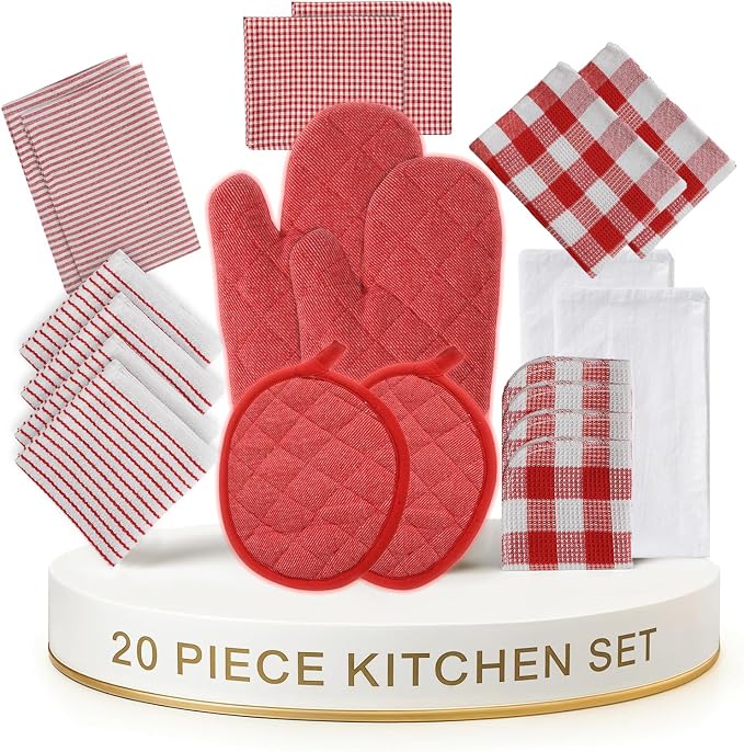 LANE LINEN Cotton Kitchen Towels and Dishcloths 20 Pack - Large Dish Towels Set for Holiday Hosting, Fast Drying Dish Rags, Flour Sack Towels, Versatile Scrubbers & Oven Mitts with Pot Holders - Red by LaneLinen