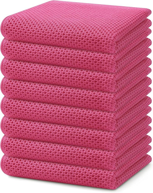 Homaxy 100% Cotton Waffle Weave Kitchen Dish Towels 8-Pack, Hot Pink | 13 x 28 Inches, Ultra Soft Absorbent Dish Towels, Quick Drying Cleaning Towels by Homaxy