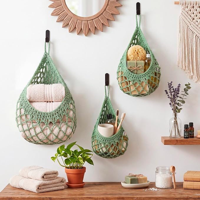 Honeydak Boho Decor Hanging Wall Baskets for Kitchen 3 Pack Teardrop Baskets with Hooks Storage Fruit Onion Vegetable Potato for Home(Sage Green,Crochet,Cotton Rope) - Image 5