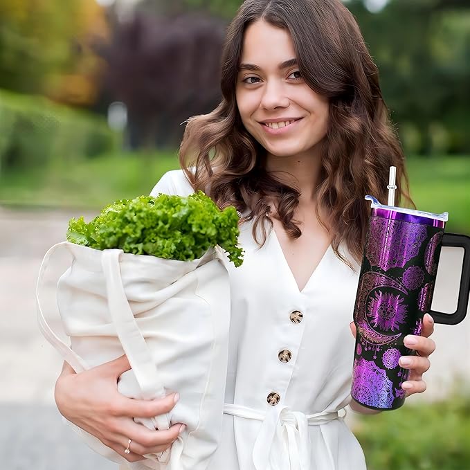 40 oz Bohemia Laser Engraving Tumbler With Handle With Lid Straw Double Insulated Travel Coffee Cup Boho Travel Accessories Must Have Gifts For Women