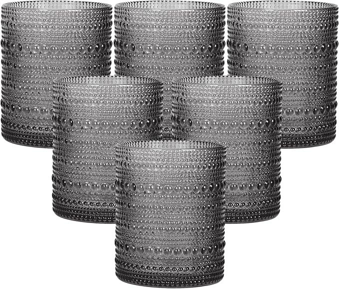 Moretoes 10oz Gray Hobnail Drinking Glasses Set of 6 Cocktail Glasses | Vintage Old Fashion Glassware, Textured Glass Cups Bubble Glasses Water Glasses Jupiter Glasses Set by Moretoes