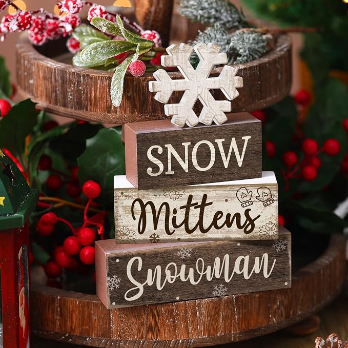 Moucuny 4 Pcs Winter Table Decorations Wooden Snowflake Decor Christmas Tiered Tray Decor Rustic Decorative Snowflake Block Sign Gift Winter Table Centerpiece for Wonderland Party Home Kitchen - Image 2