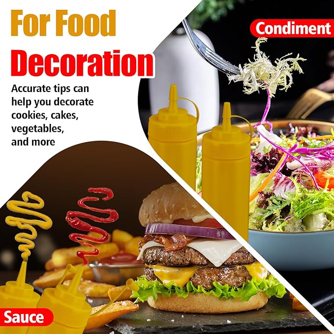Squeeze Bottles for Sauces,Leak-Proof Condiment Dispenser, BPA-Free Kitchen Restaurant Squeeze Bottle Set with Wide Mouth for Ketchup, Mustard,Syrup,Dressings (Yellow, 4Pack-32oz(900ml))