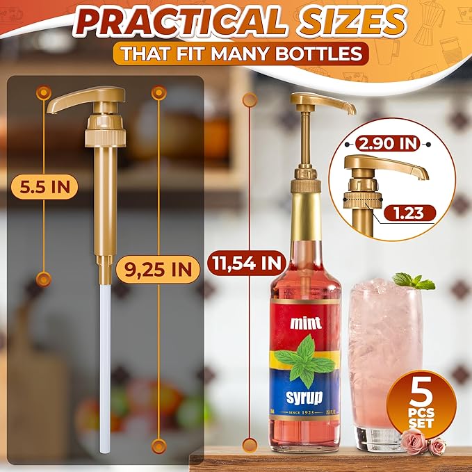 5 PCs Coffee Syrup Pump Dispenser - 9.25" Closed/11.54" Open Coffee Syrup Dispenser Pump - Lockable Mechanism, Fits Various 25.4 oz Bottles, Easy to Use & Clean, Suitable for Liquids & Pastes