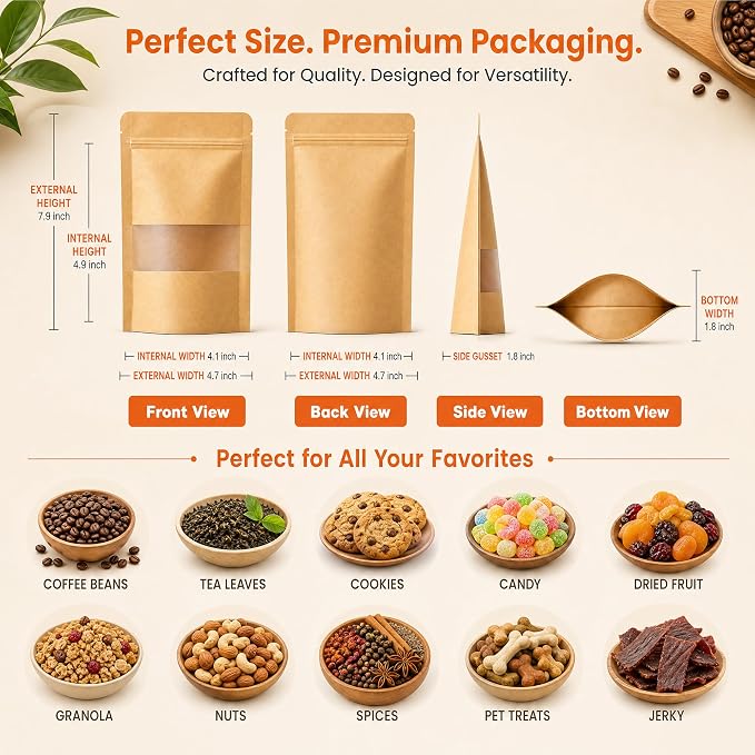 100 Pcs Kraft Paper Bags with Window, 4.7" x 7.9" Stand Up Pouches Bags, Food Storage Bags for Packaging Products, Reusable, Sealable - Image 2