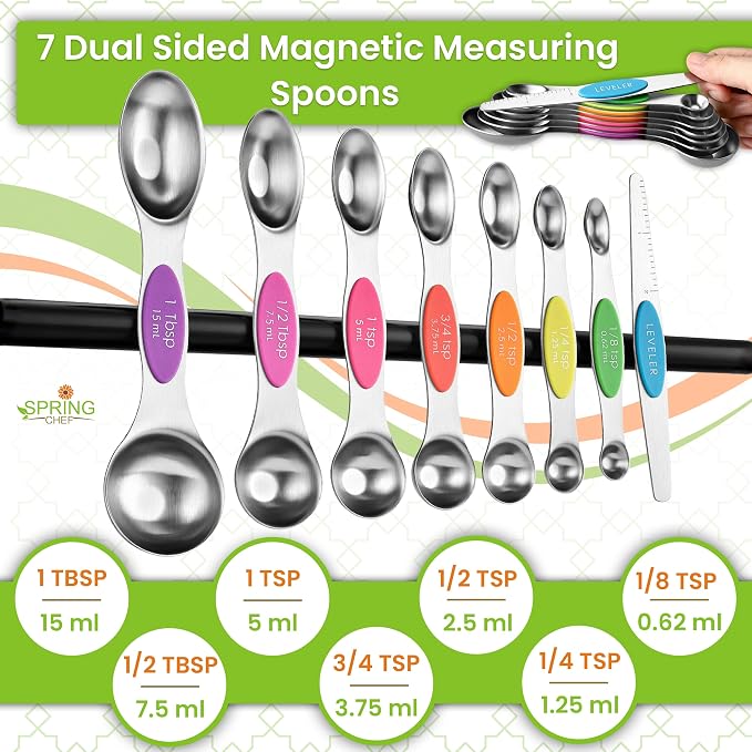 Spring Chef Magnetic Measuring Cups & Spoons Set of 15, Patented, Neon | Stackable Stainless Steel Measuring Cups & Heavy Duty Metal Measuring Spoons with Levelers for Dry & Liquid Ingredients - Image 8