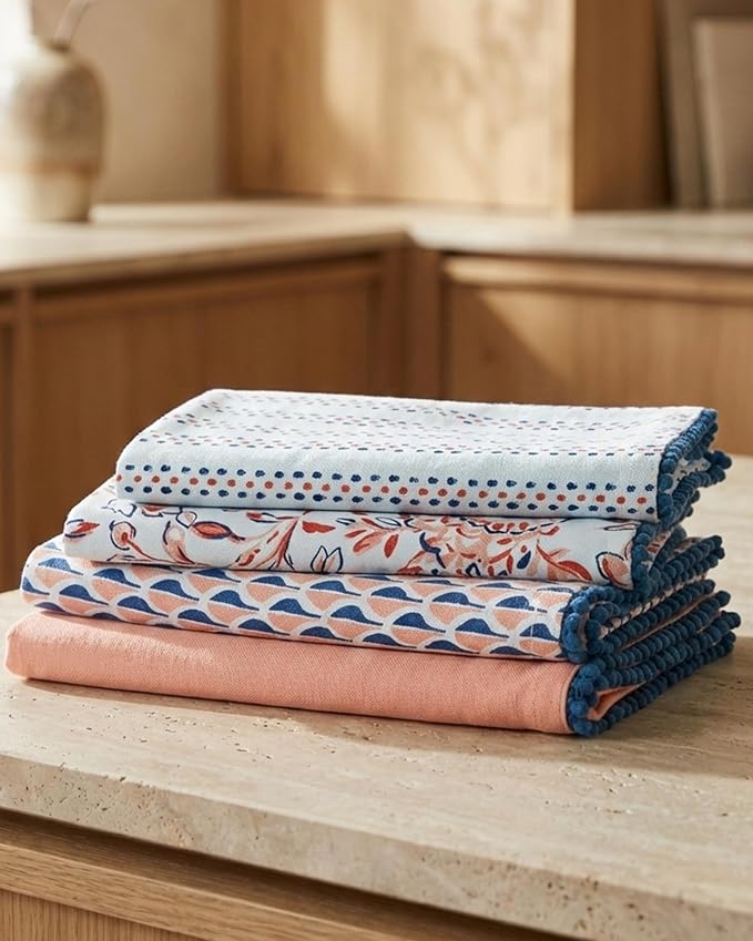 TARAN LIVING Printed Kitchen Dish Bar and Tea Towels Cotton, 18x28 inch with Trims, Cotton Dish Towel Sets (White & Peach, Set of 4) by TARANLIVING