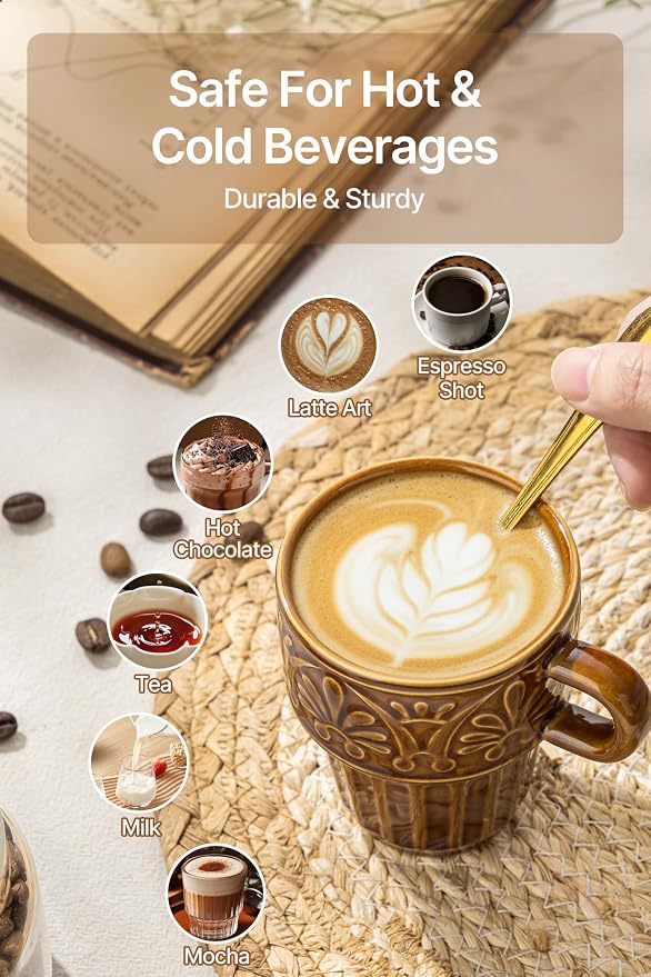 Ceramic Coffee Mug, Stackable Mug 3.3 OZ Coffee Mugs, Espresso Cups, Mugs Set of 6 for Latte Milk Hot Chocolate, for Men Women Kids, Ideal for Home Restaurant Daily Use & Holiday Gifting, Brown - Image 6