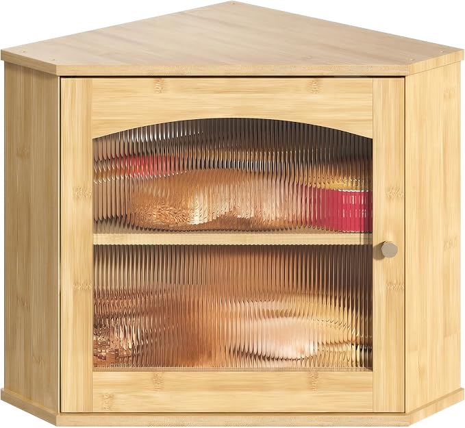 LAMU Corner Bread Box for Kitchen Countertop, Bamboo Wood Bread Storage | 2-Tier Storage Bin with Magnetic Acrylic Door, Large Capacity Organizer for Homemade Bread, Coffee, Fruit & Spices, Bamboo by YourHome-OrganizationHelper