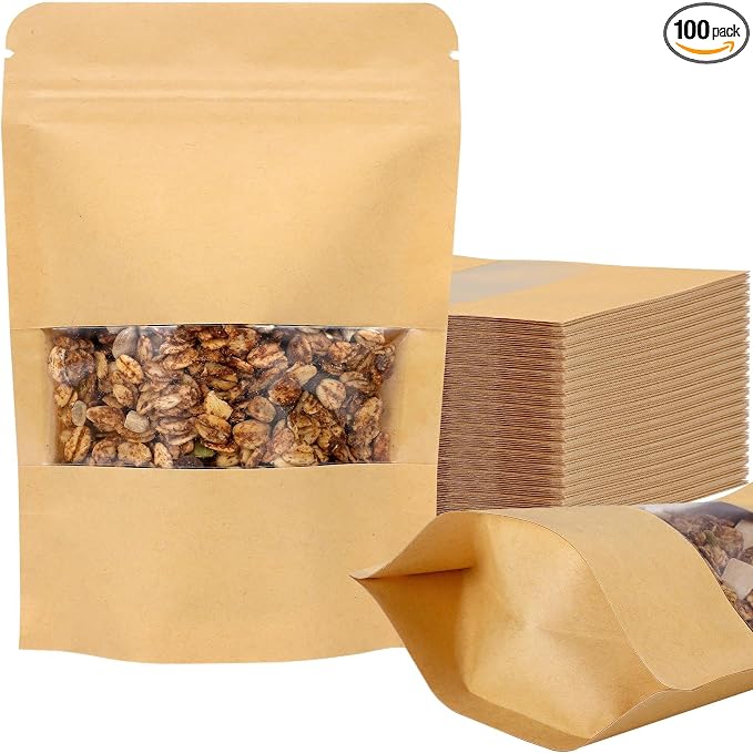 100 Pcs Kraft Paper Resealable Bags for Small Business (3.2 X 4.3 Inches) | Heat Sealable Zip Lock Stand Up Pouches with Clear Window for Food Storage, Samples, Party Favors by EgticLive